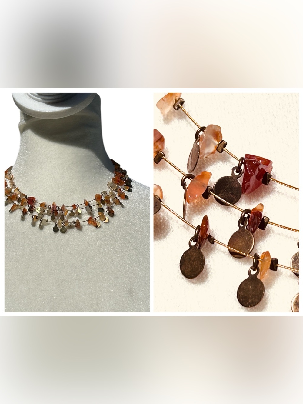 Handmade Necklace Stone Chip 3 Multi-Strands Layered Gold-Toned